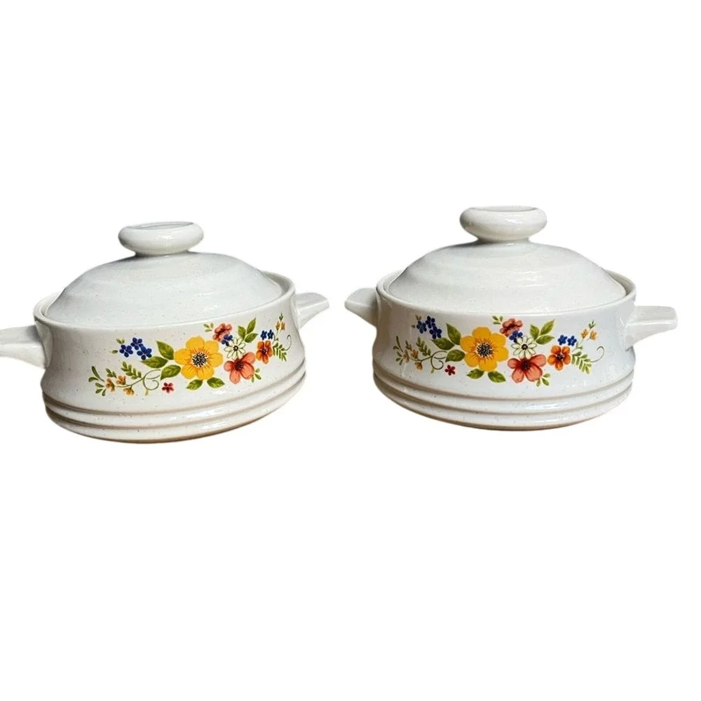 Vintage Set of‎ Sweet Flowers Serve 'N Store Stoneware Casserole Dishes w/Lid